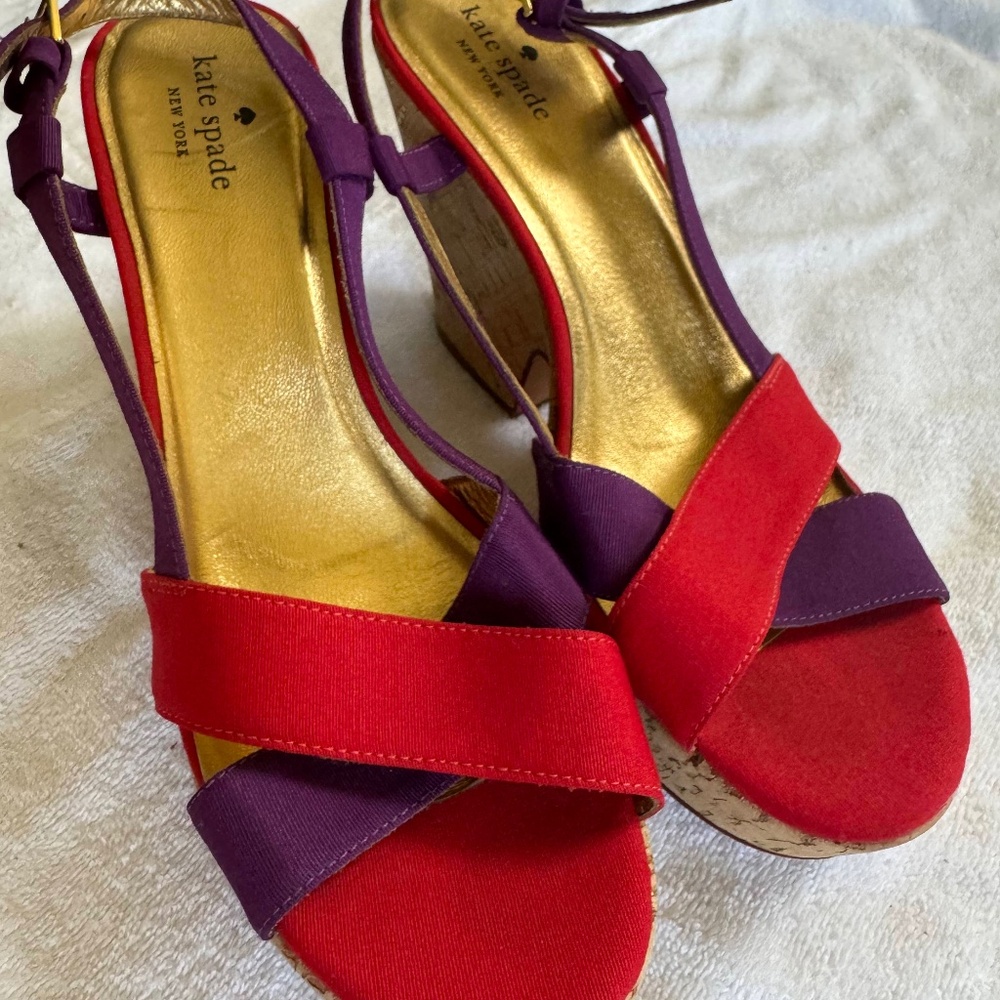 Kate Spade Penny  Platform Wedge Sandals 8 1/2 in Purple and Red